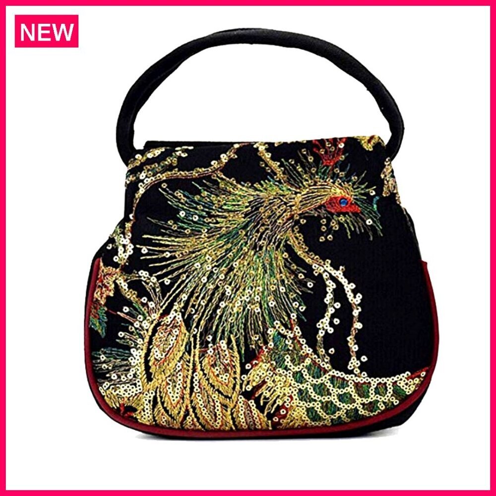 Mini Canvas Top Handle Bag with Peacock Embroidery - Party Clutch Purse